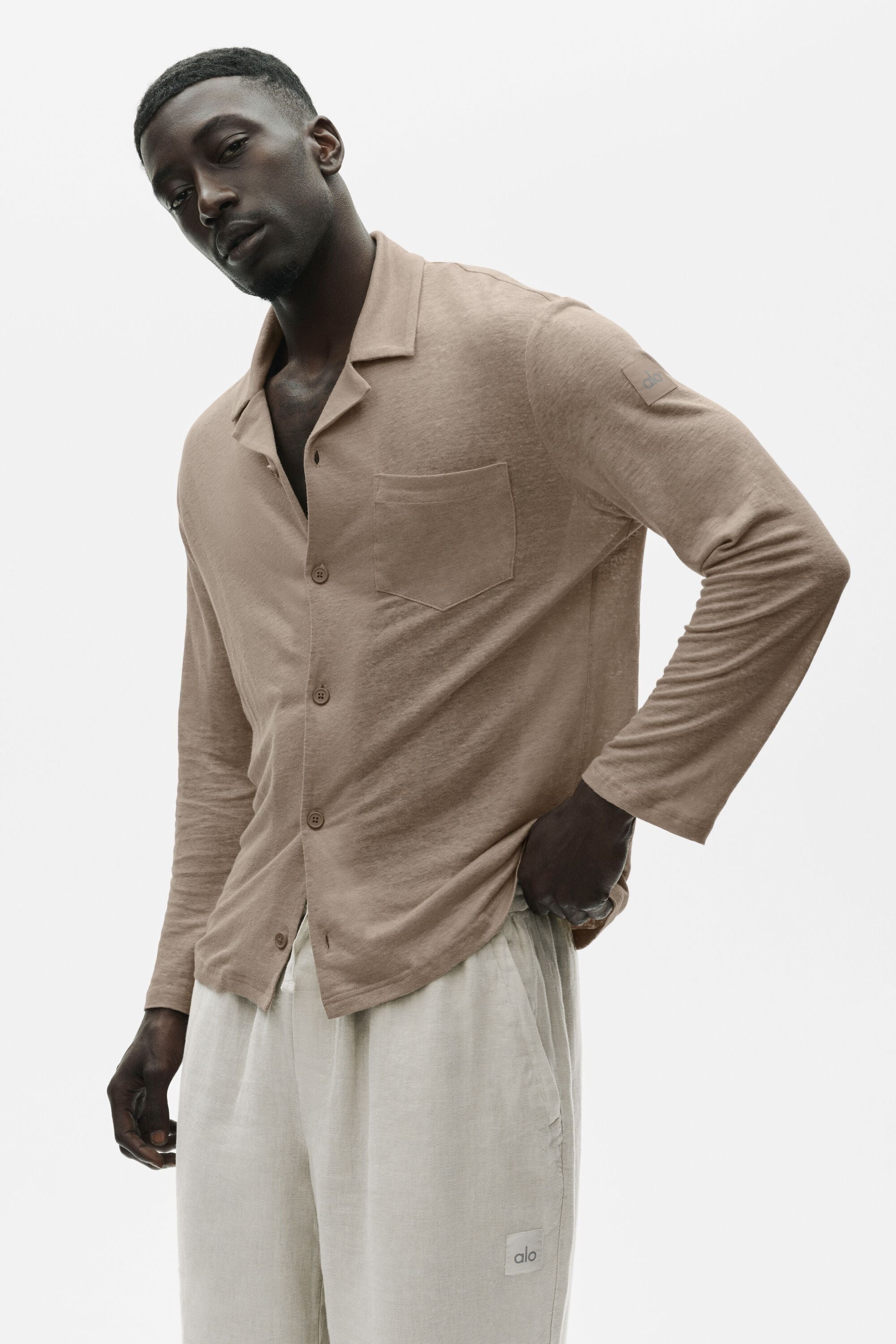 Linen Jersey Coastal Long Sleeve Button Up - Gravel