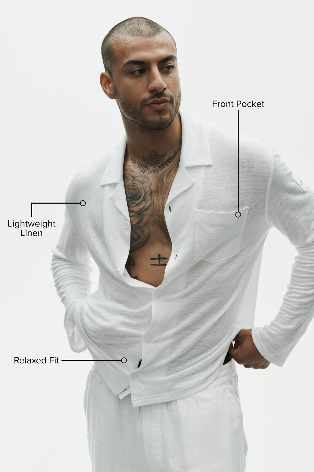 Linen Jersey Coastal Long Sleeve Button Up - White