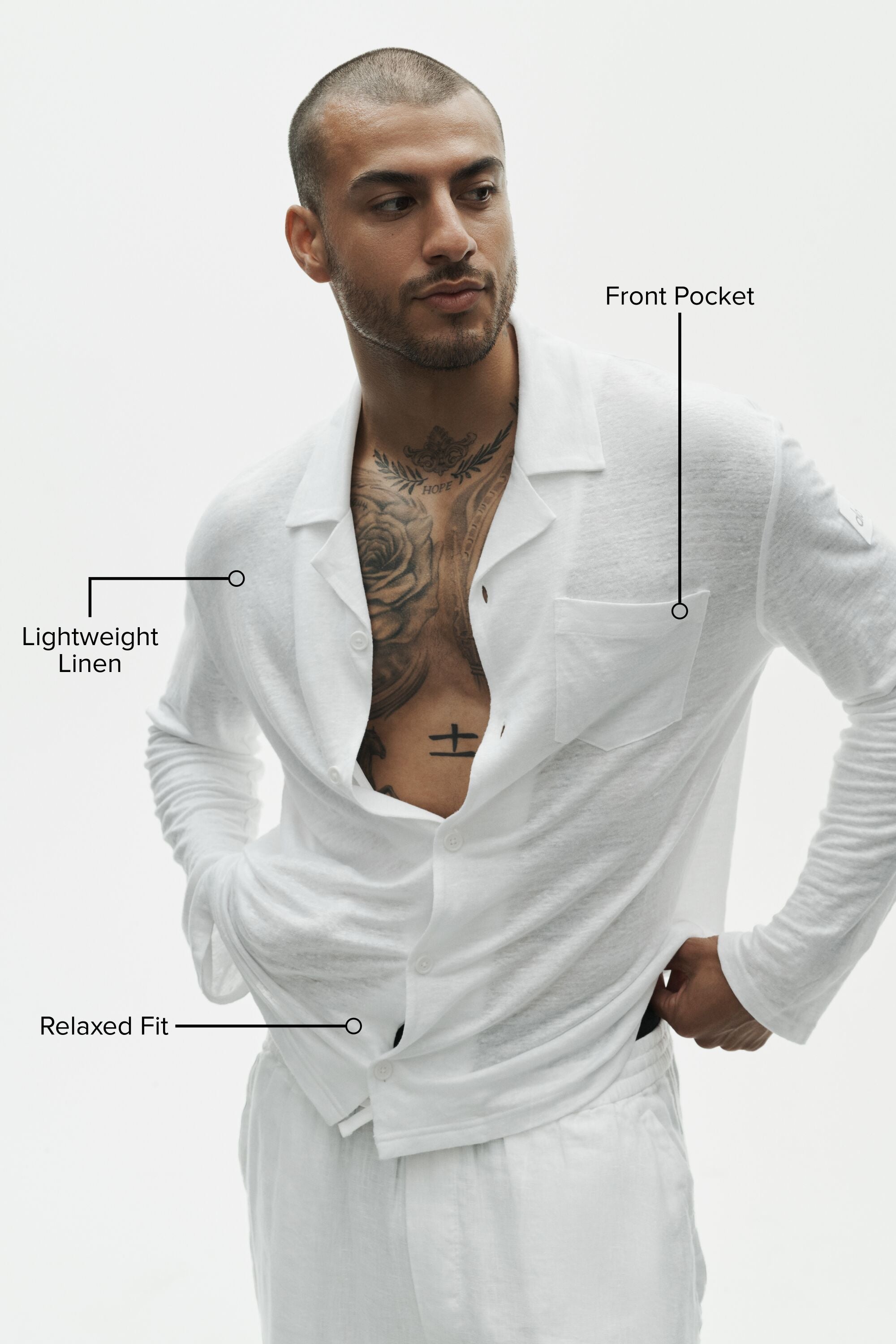 Linen Jersey Coastal Long Sleeve Button Up - White