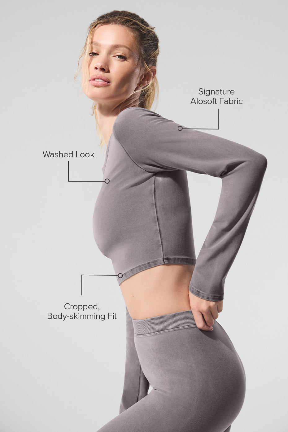Washed Alosoft Crop Finesse Long Sleeve - Cool Grey Wash