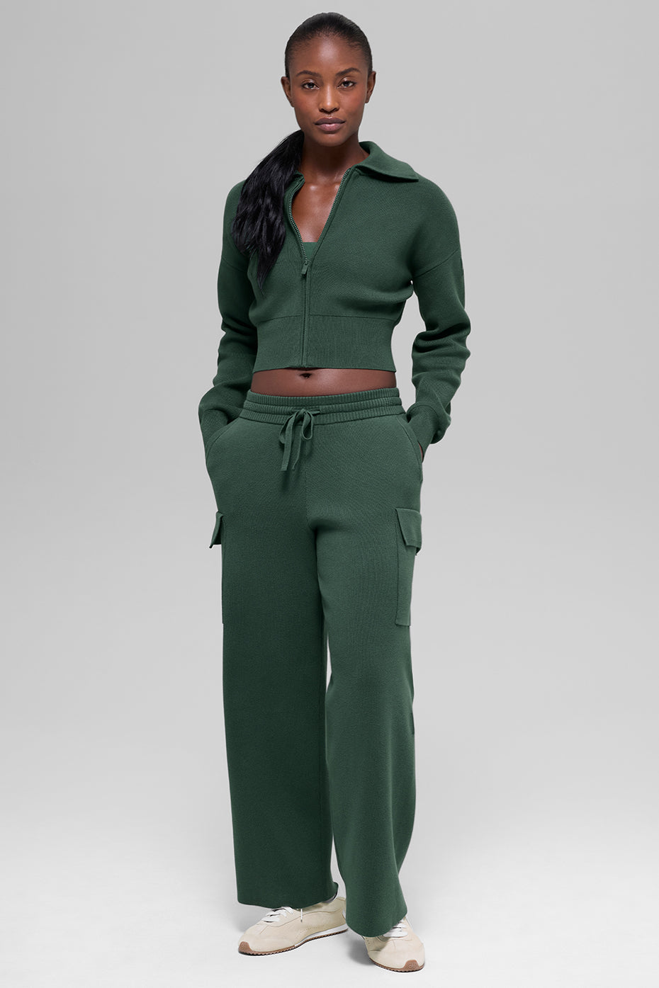Scholar Knit Cropped Full Zip Jacket - Clover Green
